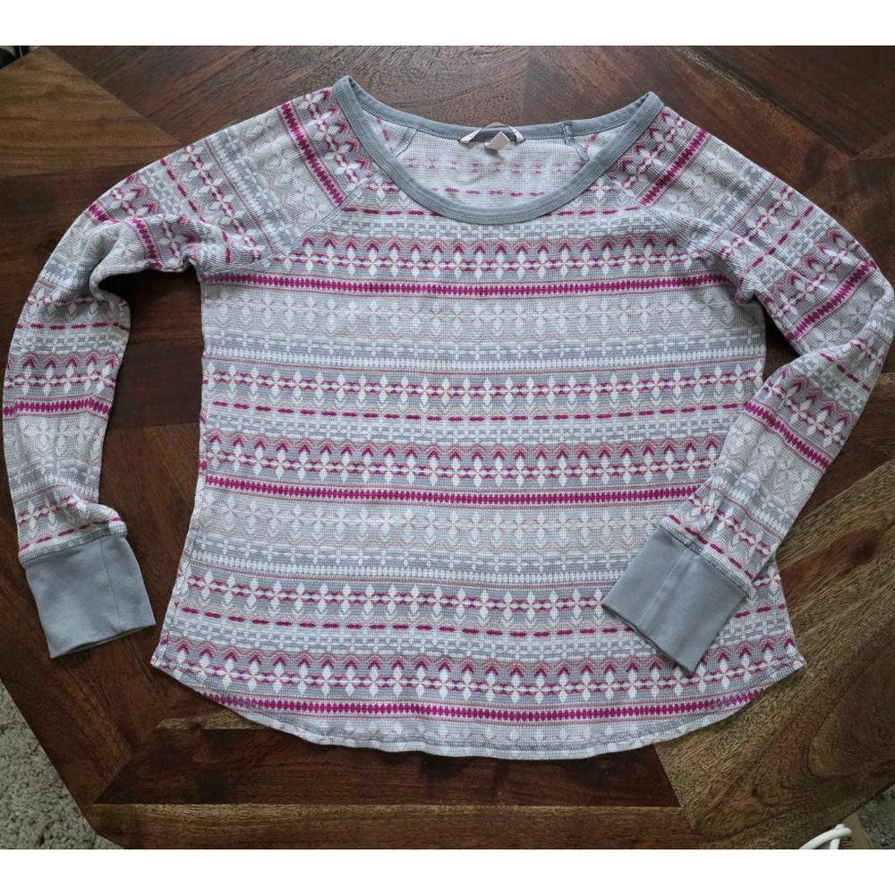 Women's Victoria's Secret Off Shoulder Grey Pink Fair Isle Thermal‎ Pajama Top M